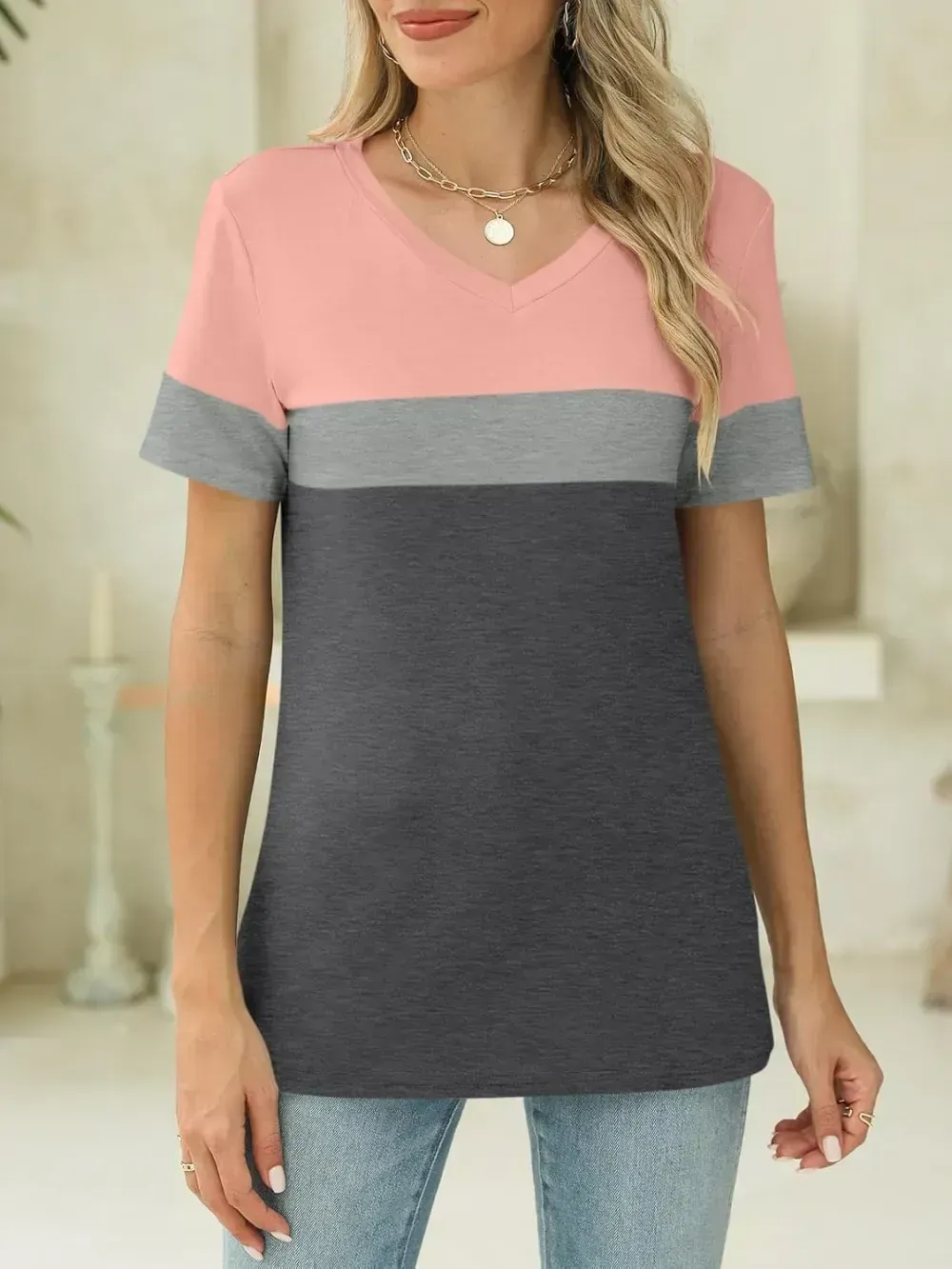 ORANDESIGNE Women's Color Block Short Sleeve T Shirts Casual V Neck Summer Tops Tees Loose Fit Blouses