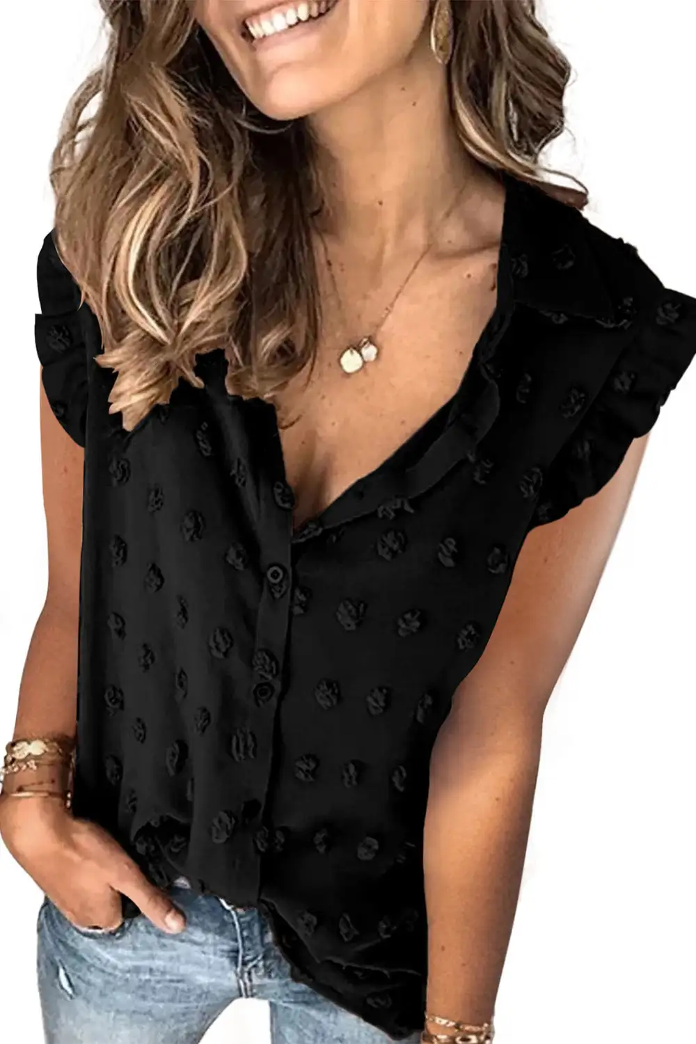 Turn-down Collar Ruffle Polka Dot Tank