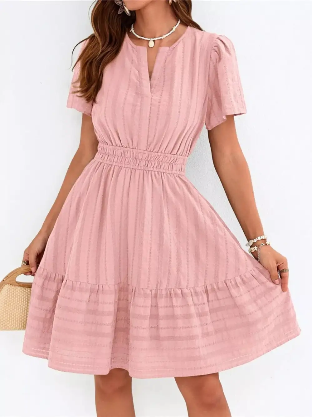 Tiered Smocked Short Sleeve Casual Dress