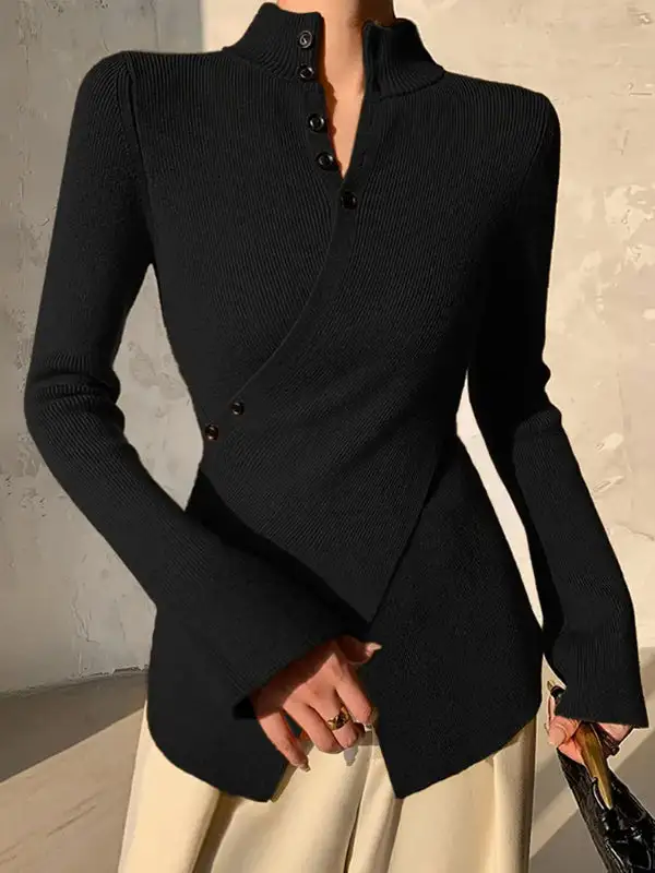 Asymmetric Split Front Paneled V-Neck Long Sleeve Sweater