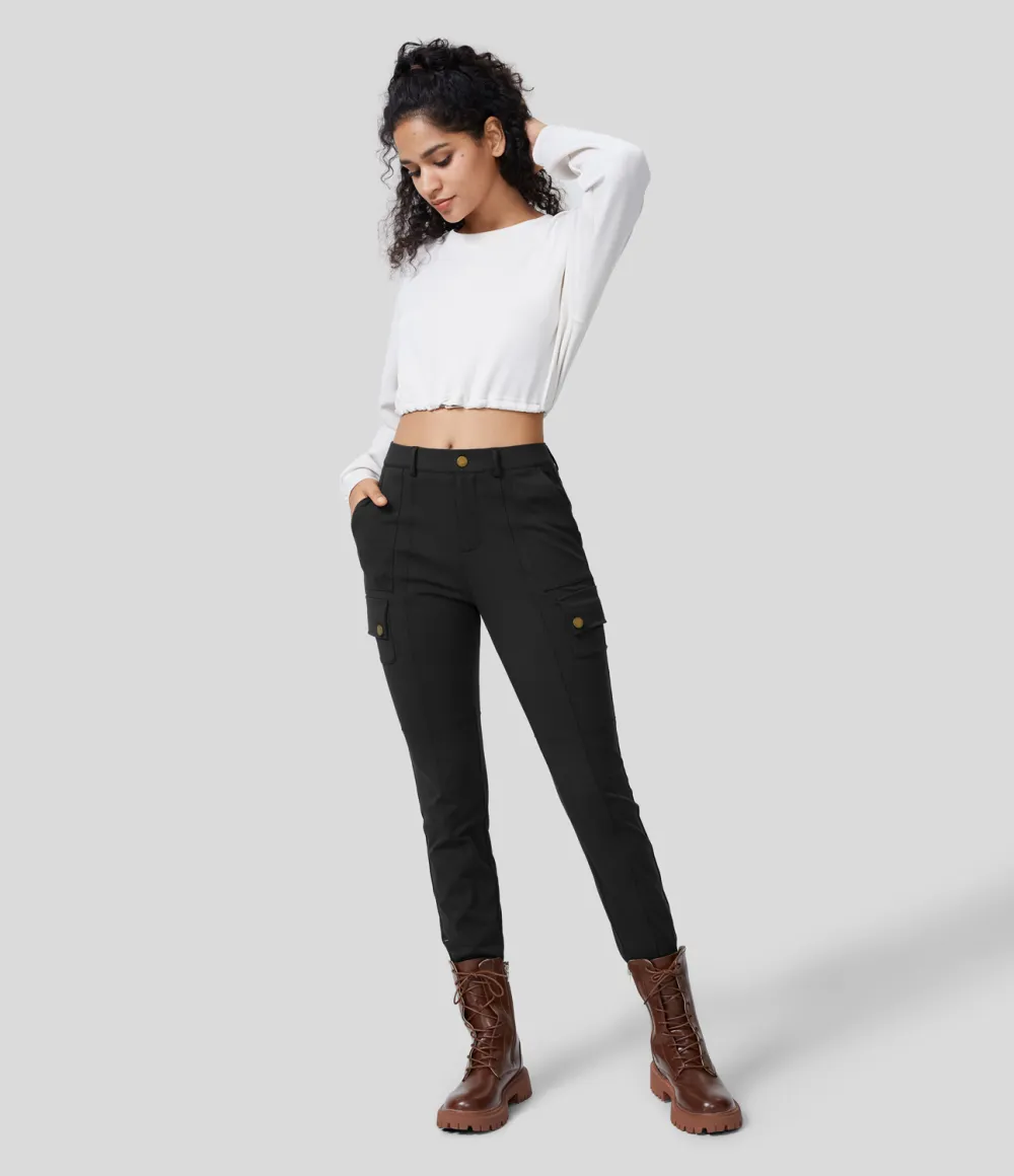 High Waisted Button Zipper Multiple Pockets Solid Skinny Cargo Pants