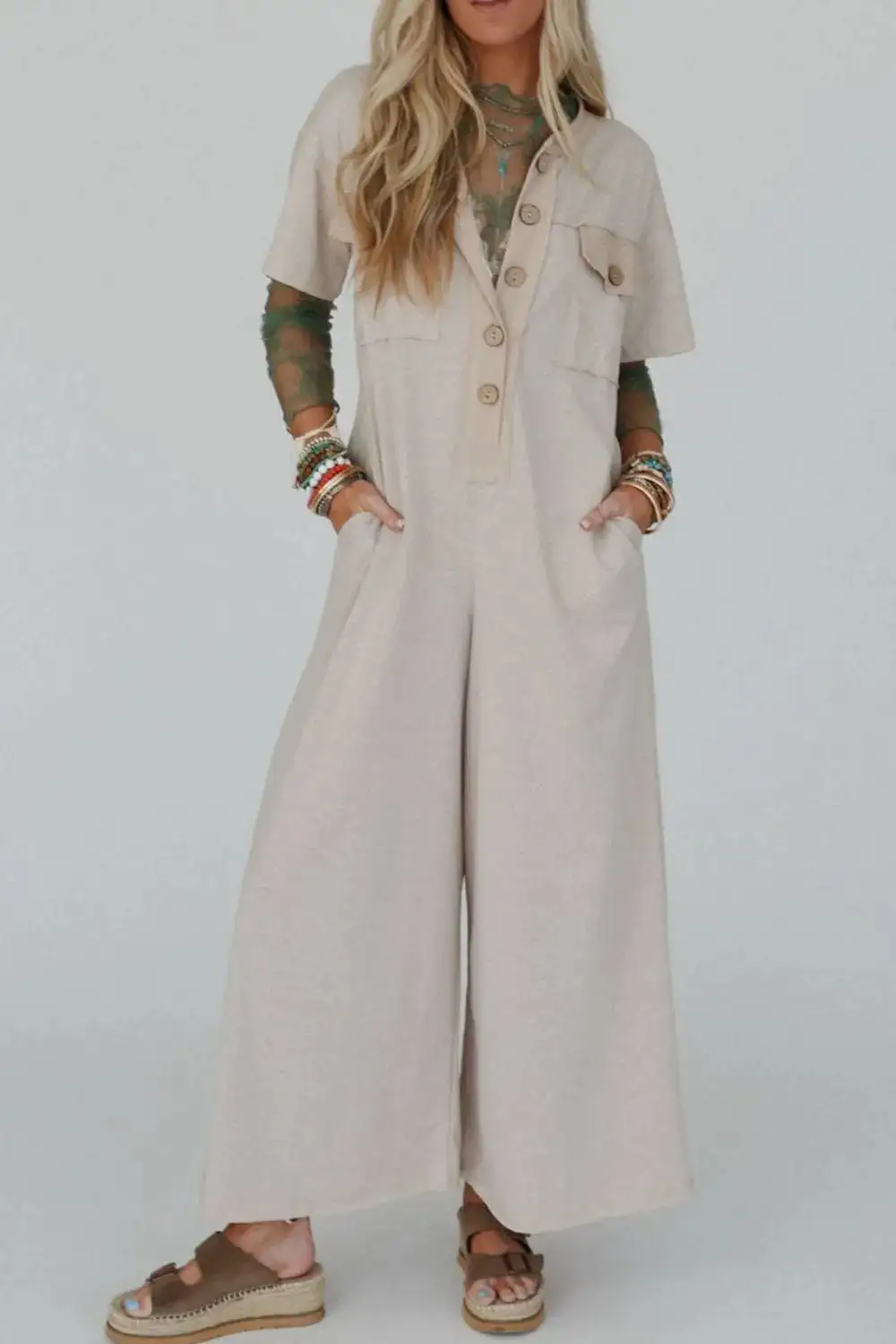 Pocket Front Short Sleeve Wide Leg Shorts