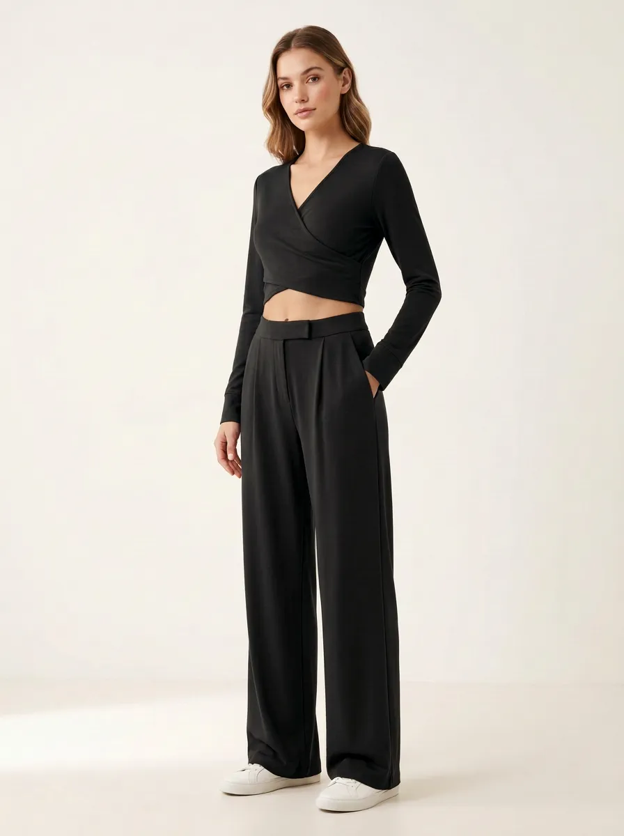 Women's Deep V-Neck Wrap Crop Top and Pleated Wide-Leg Trouser Set