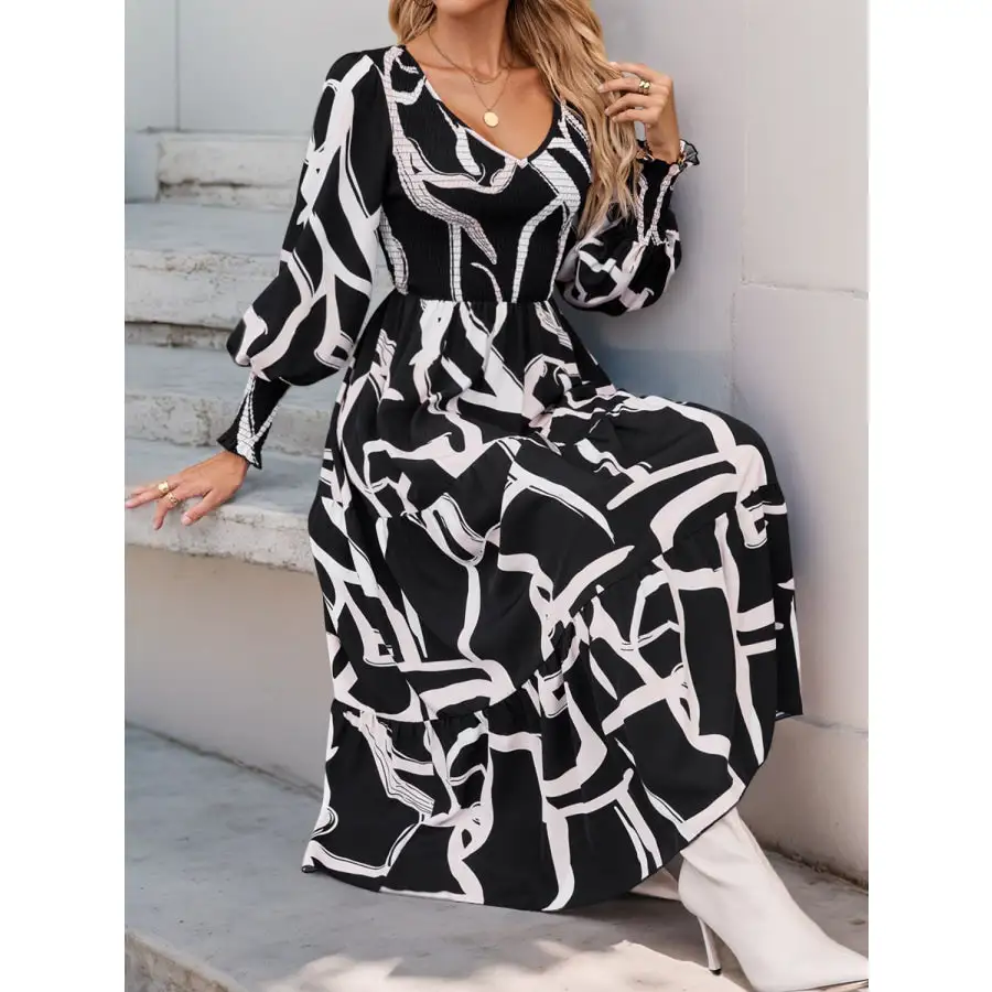 Smocked Long Sleeve Midi Dress