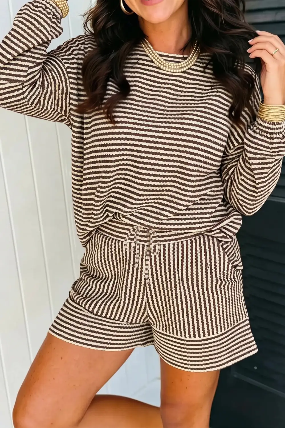 Women's Coordinated Textured Knit Long Sleeve Top Elastic Waist Shorts Casual Outfit