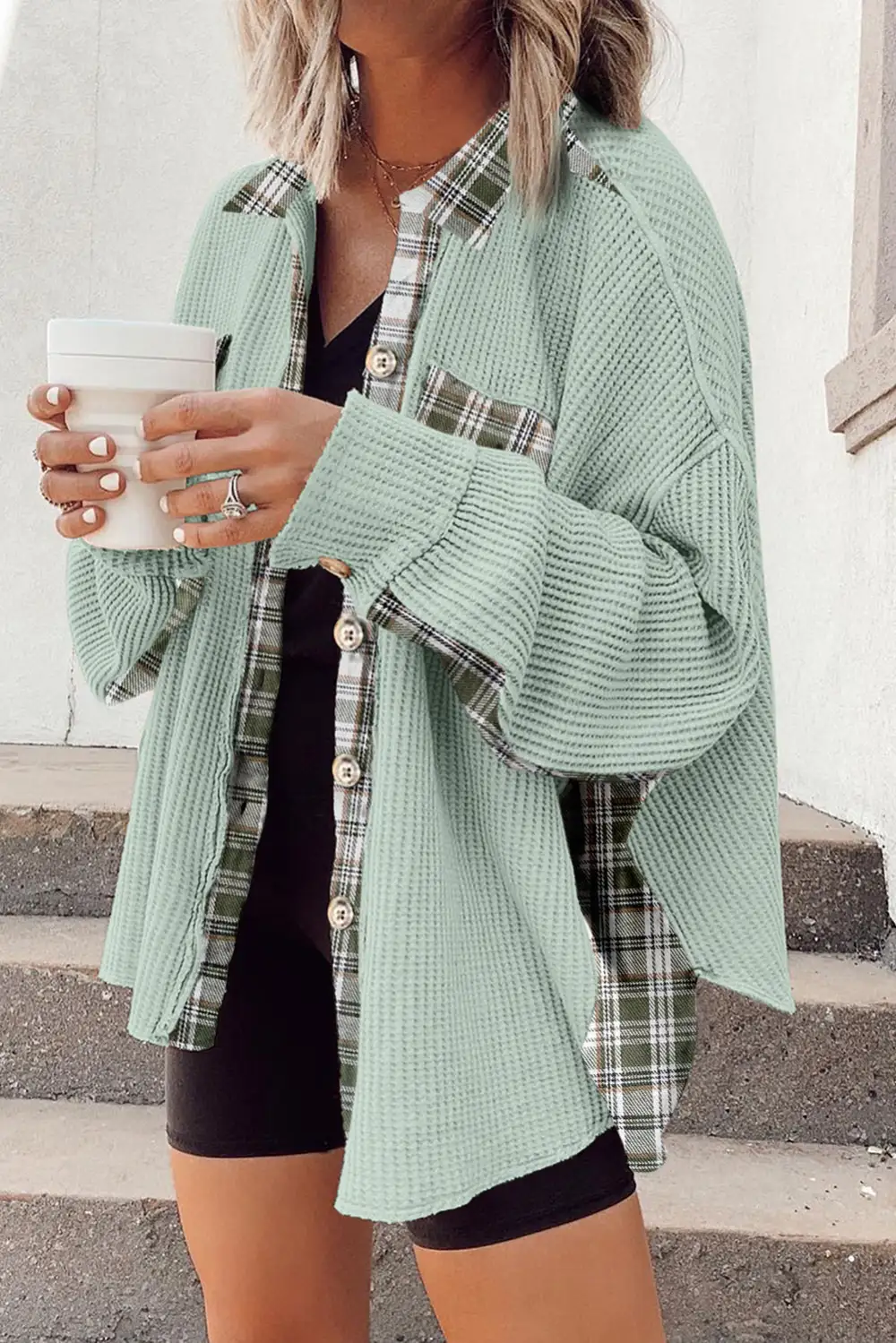 Women's Plaid Patchwork Waffle Thermal Knit Shacket