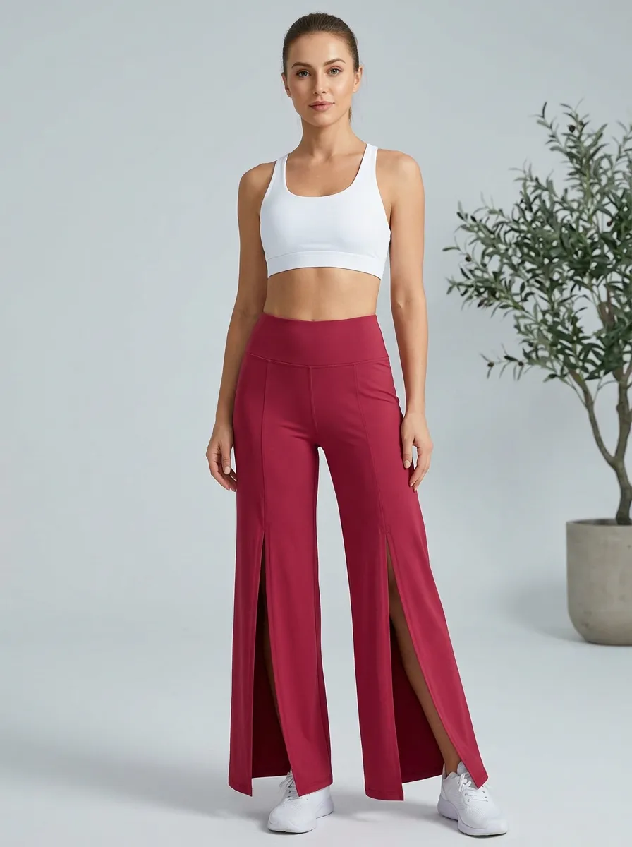 Women's Pocket Leisure Fit Wide Leg Split Hem Active Pants