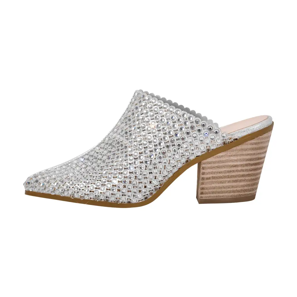 Rhinestone Pointed Toe Chunky Heel Heeled Mules