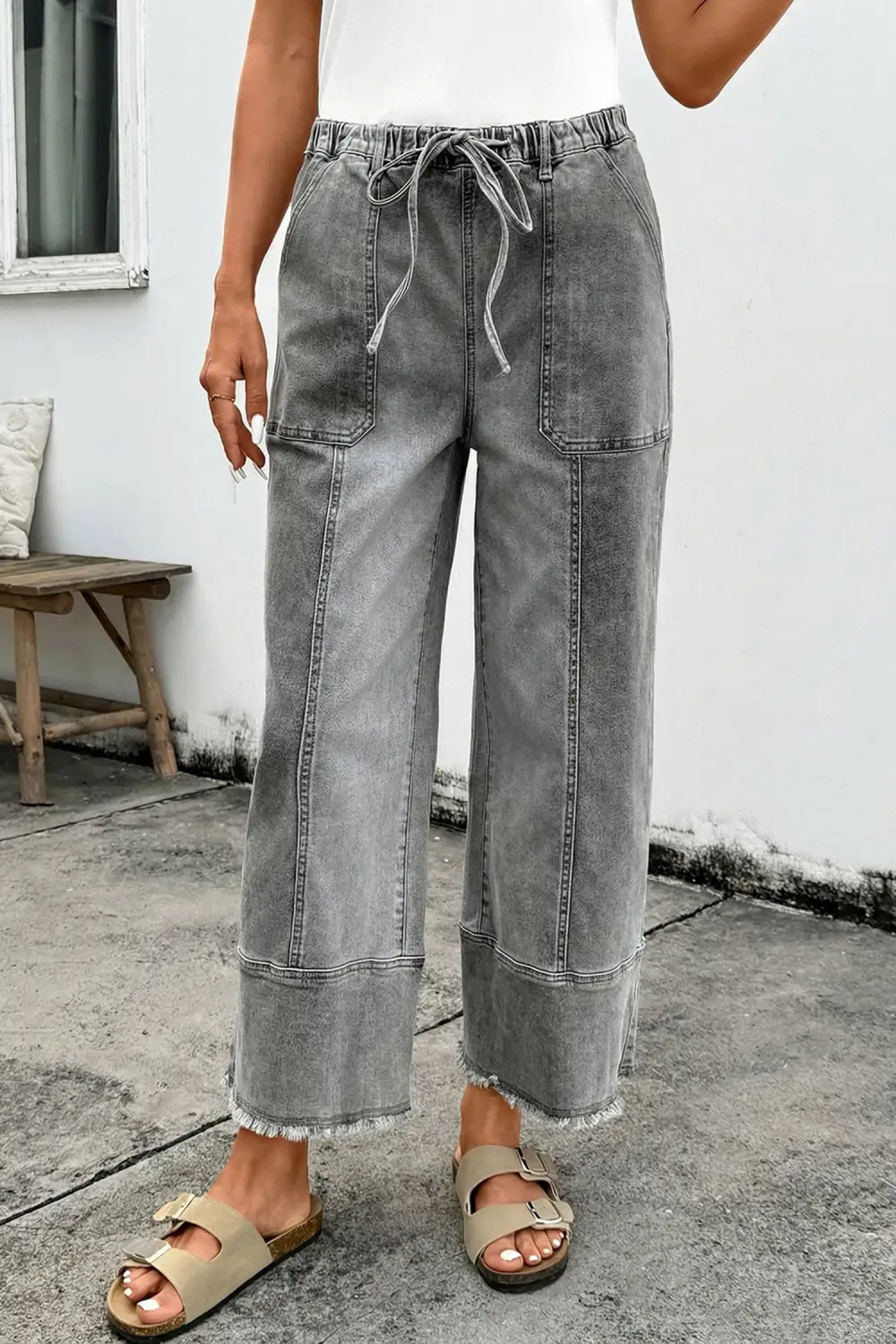 Women's Raw Hem Wide Leg Denim Pants With Drawstring Detail