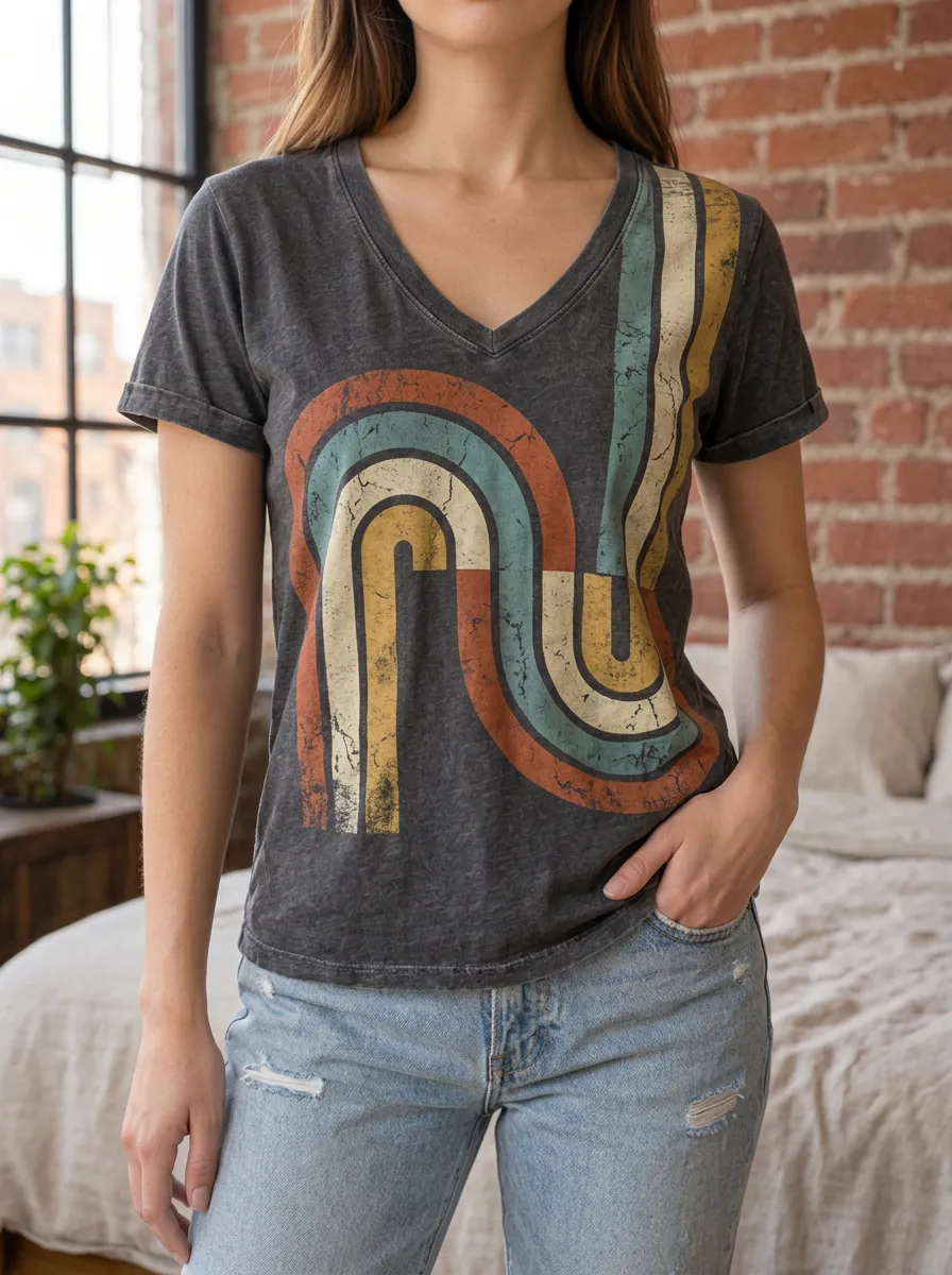 Women's Retro Rainbow Striped Printed V-Neck T-Shirt