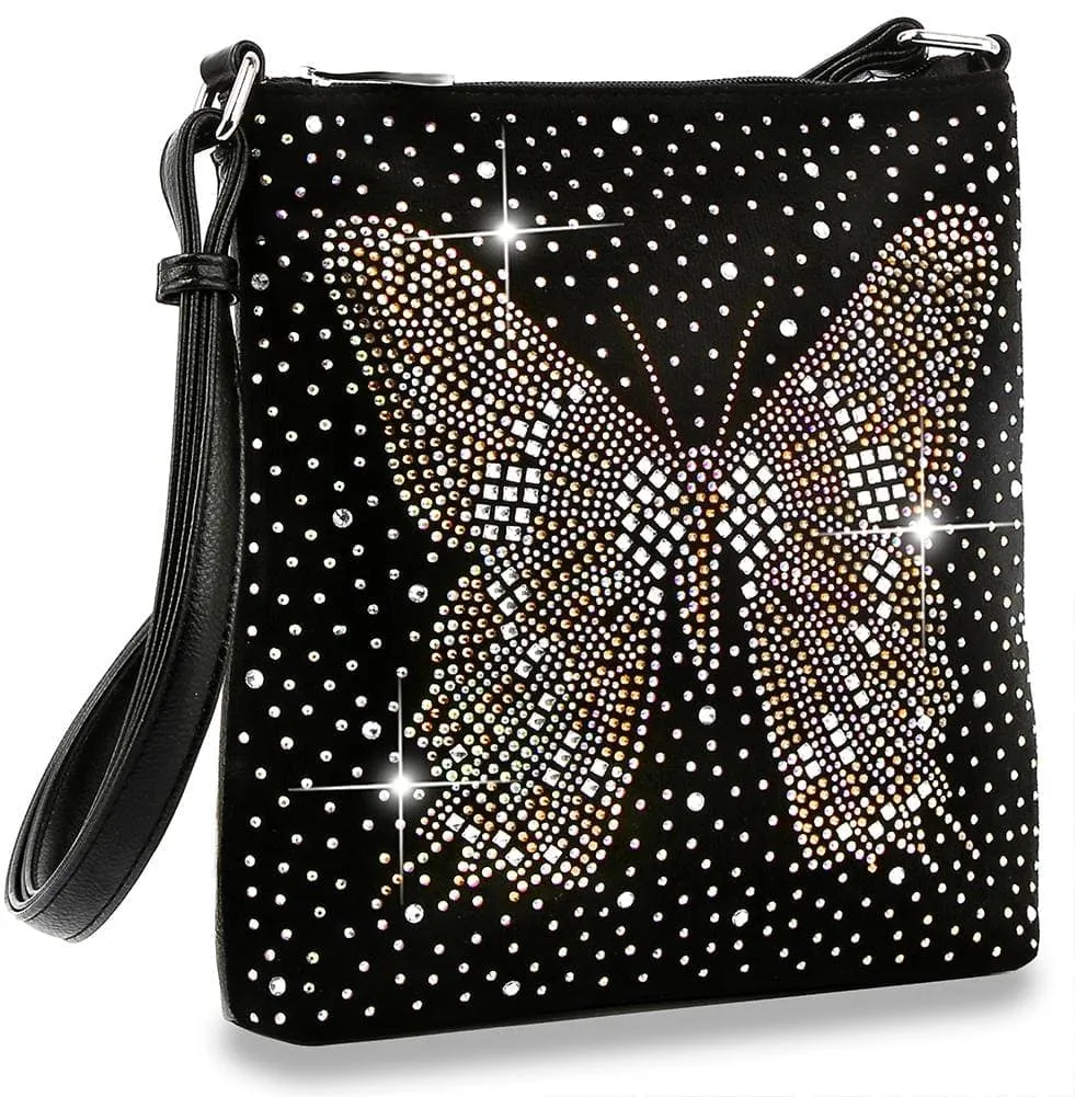 Crystal Accent Pocketed Butterfly Motif Faux Leather Crossbody Sling Bag