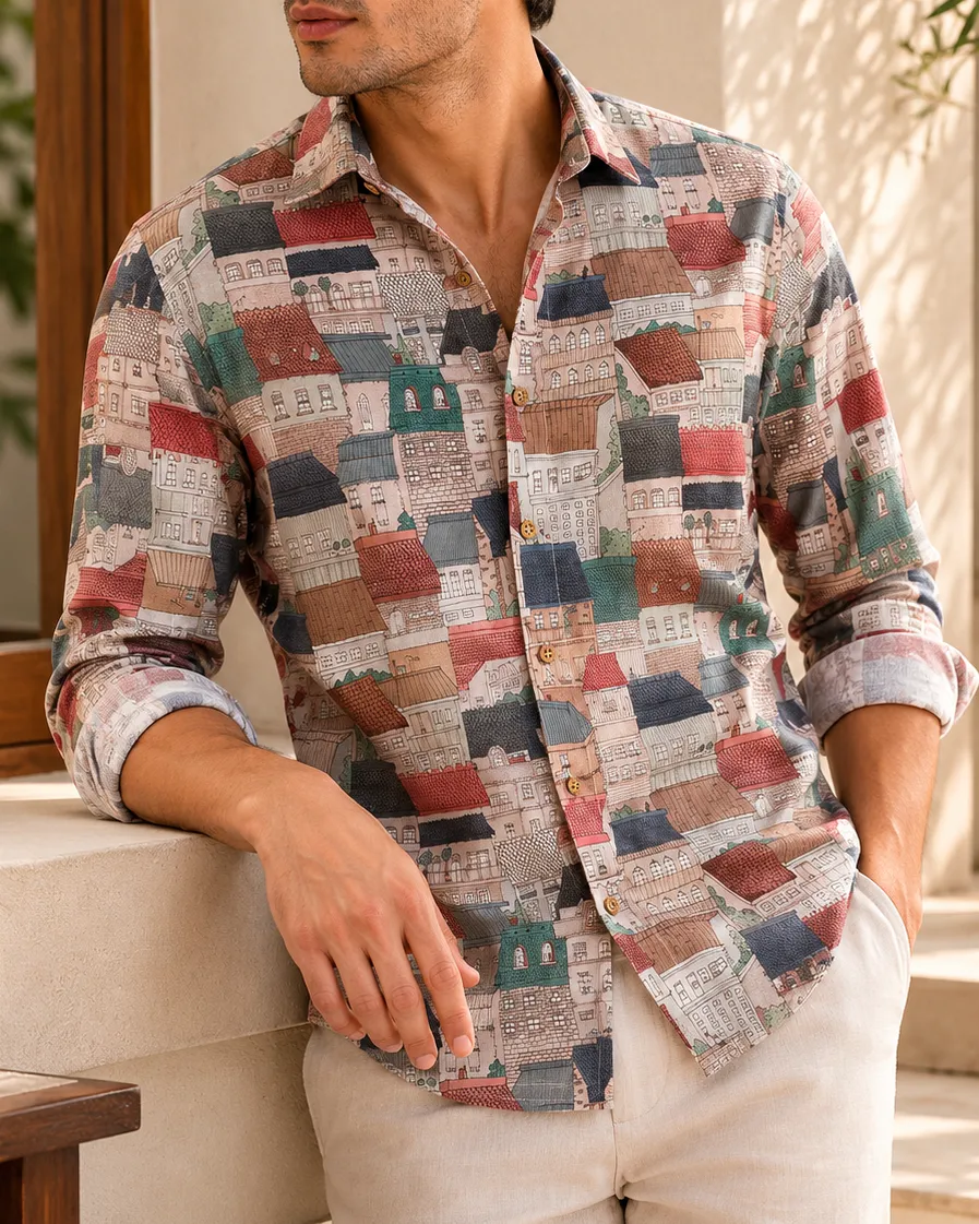 Active Slim Fit Printed Linen Men's Formal Shirt