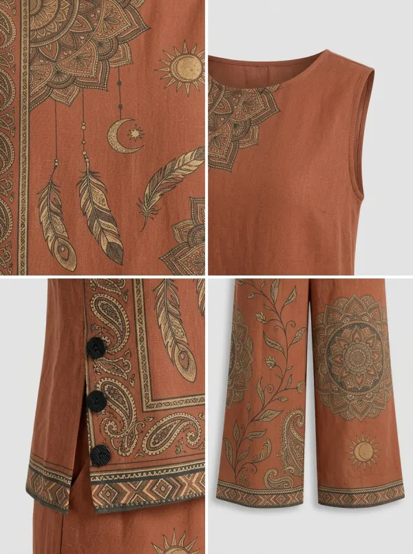Women's Boho Mandala Sun Feather Printed Sleeveless Set