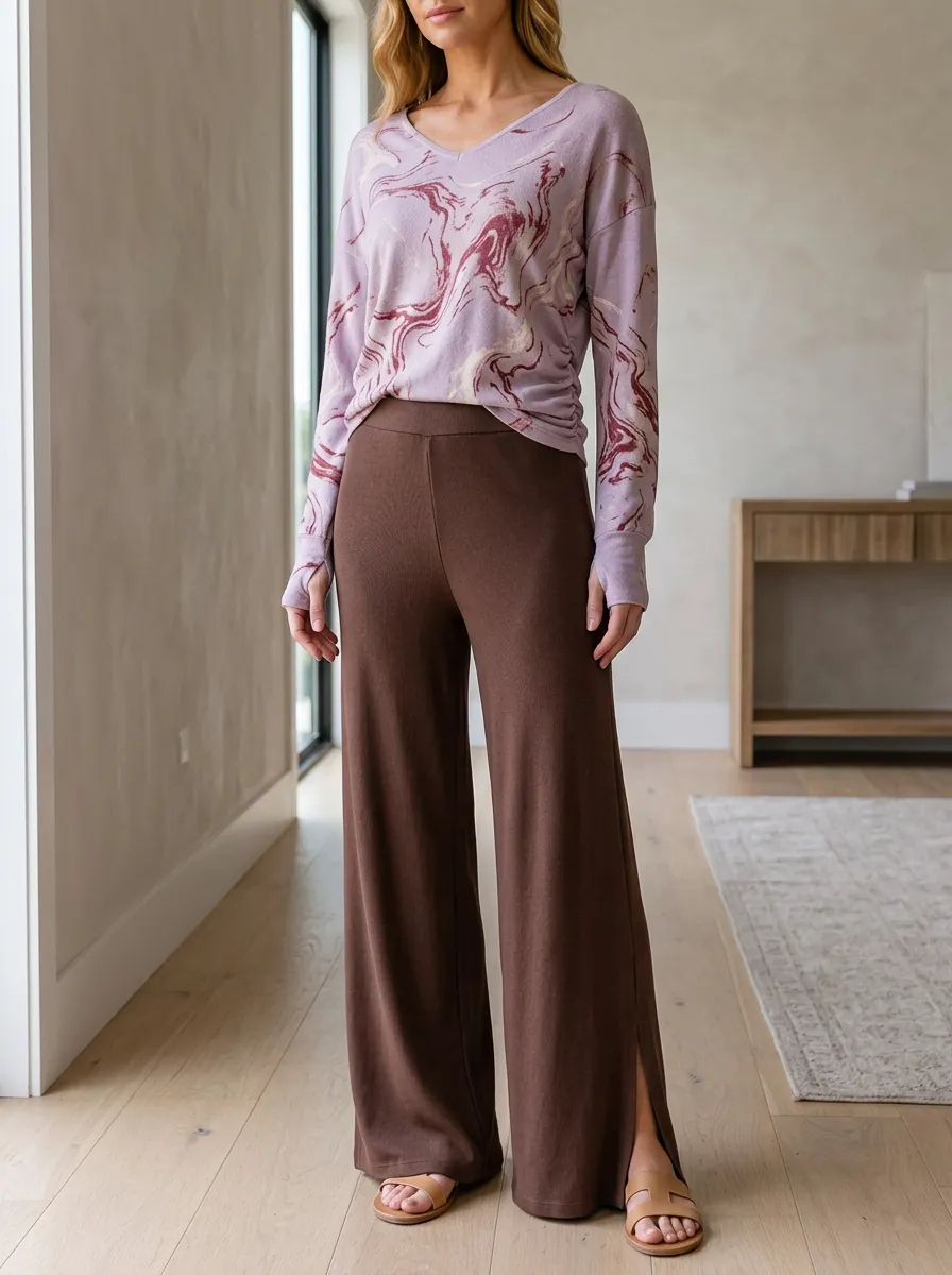 Women's Casual Fashion Marble Pattern Patterned V-neck Wide Leg Pants Set