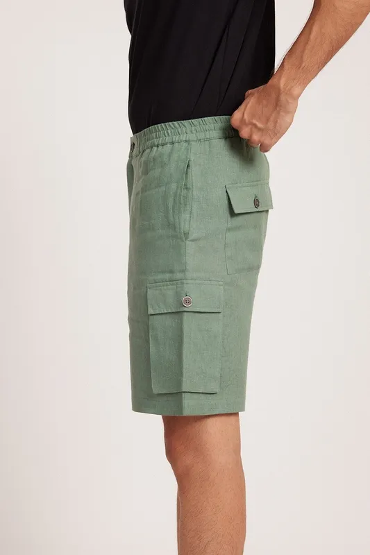 Sage Green Linen Cargo Shorts