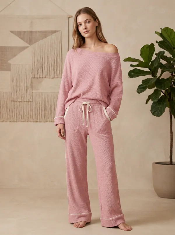 Women's Casual Lounge Off-Shoulder Waffle Knit Pajama Set