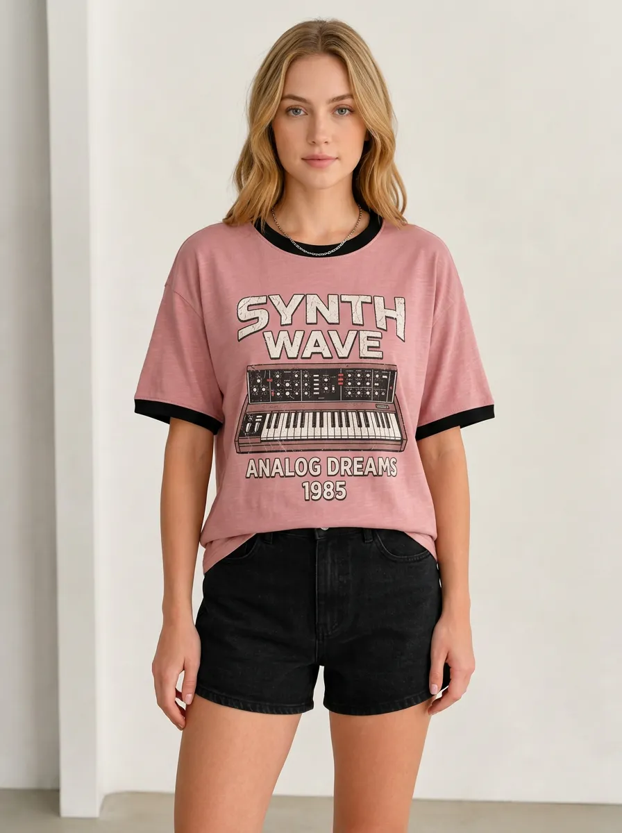 Women's Synthwave Music Lover Analog Keyboard Printed T-shirt