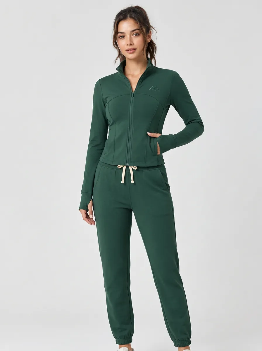 Women's Athletic Fitness Dark Green Zip-Up Tracksuit Set