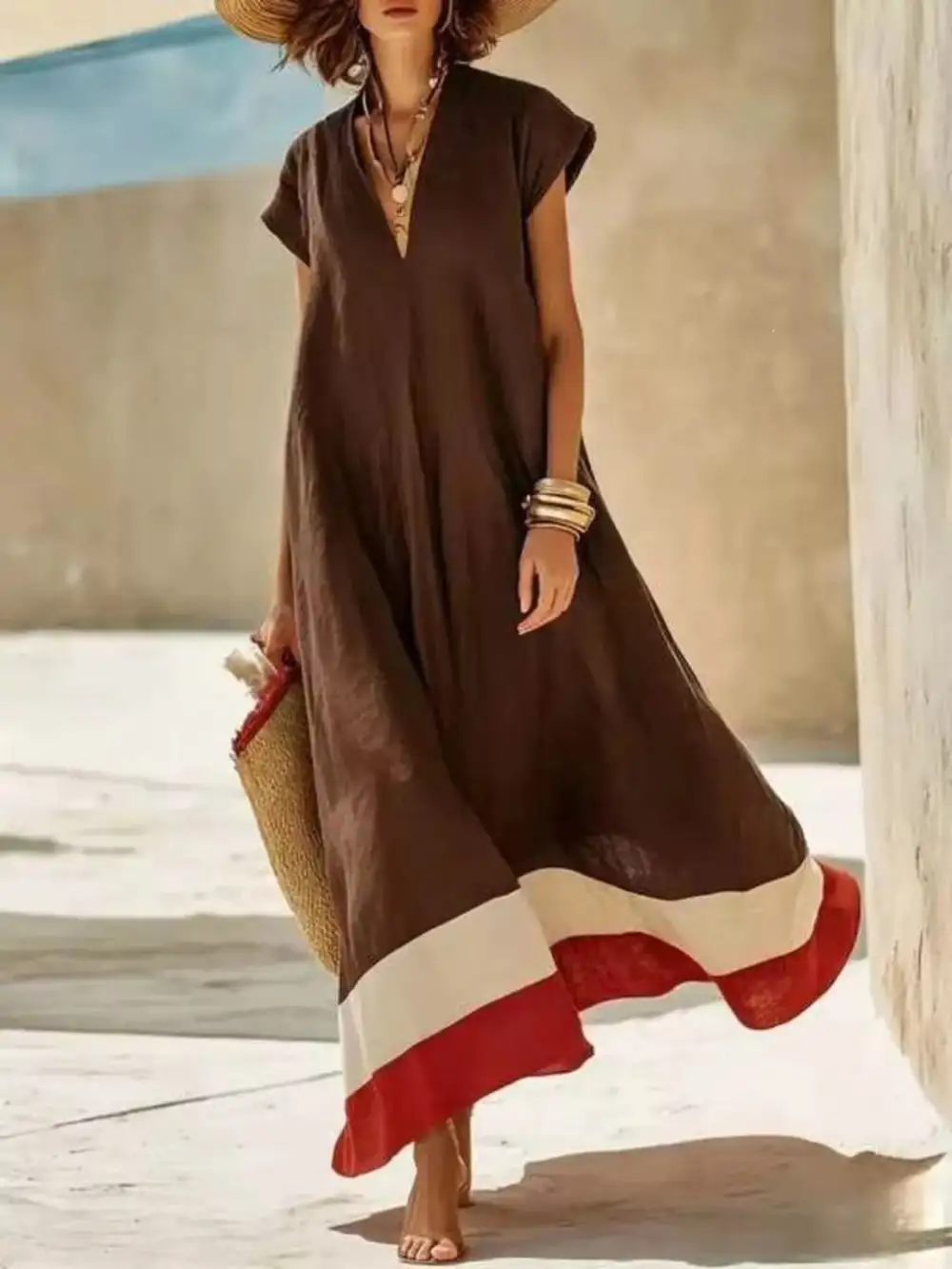 Color Block Hem V Neck Maxi Dress