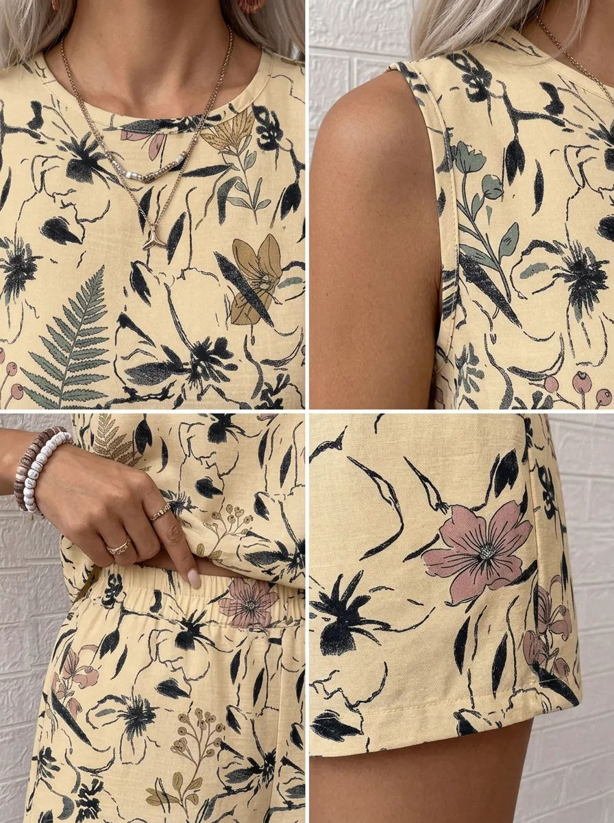 Women's Floral Botanical Yellow Printed Sleeveless Shorts Set