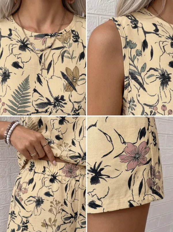 Women's Floral Botanical Yellow Printed Sleeveless Shorts Set