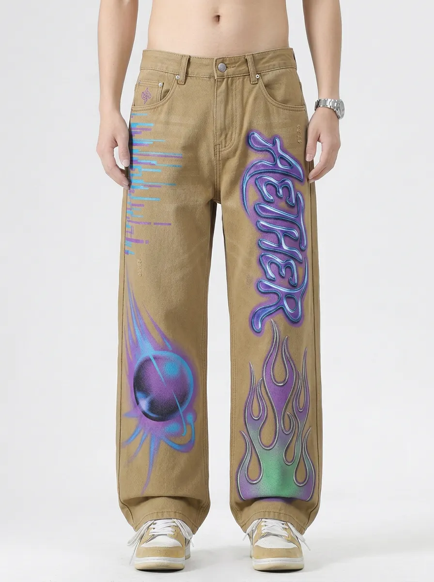 Men's Streetwear Aether Flame Graphic Printed Baggy Jeans
