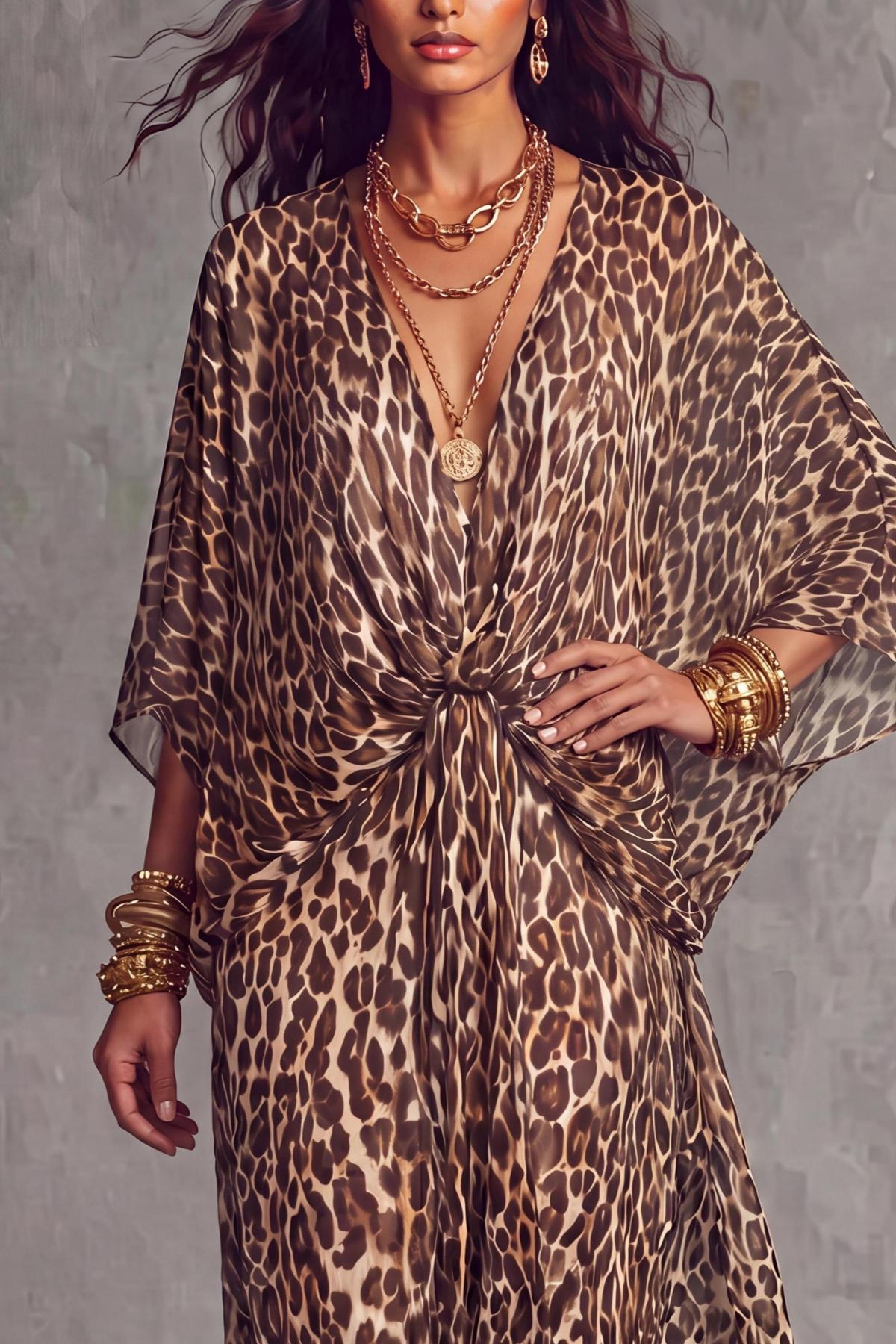 Batwing Sleeve Leopard Pattern Printed Maxi Dress