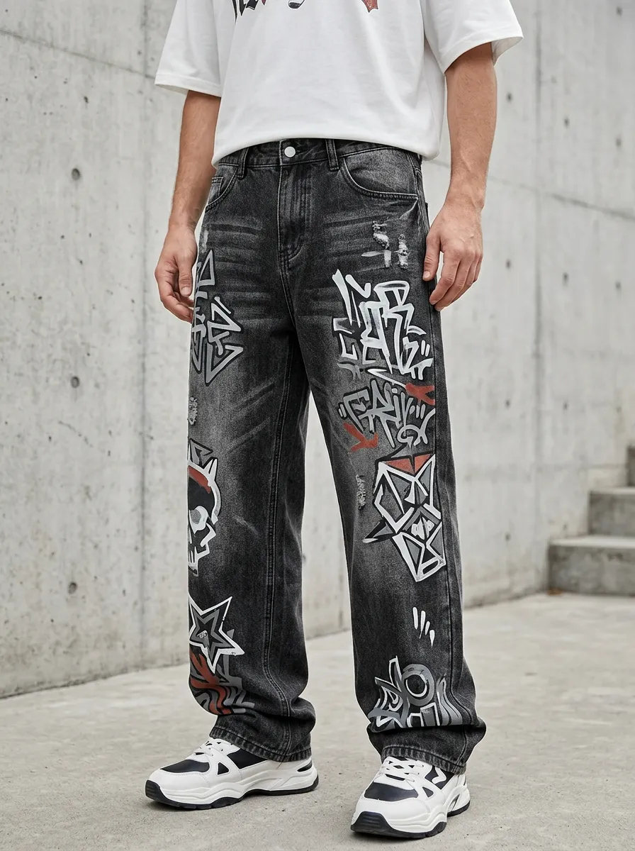 Unisex Streetwear Graffiti Star Skull Distressed Jeans