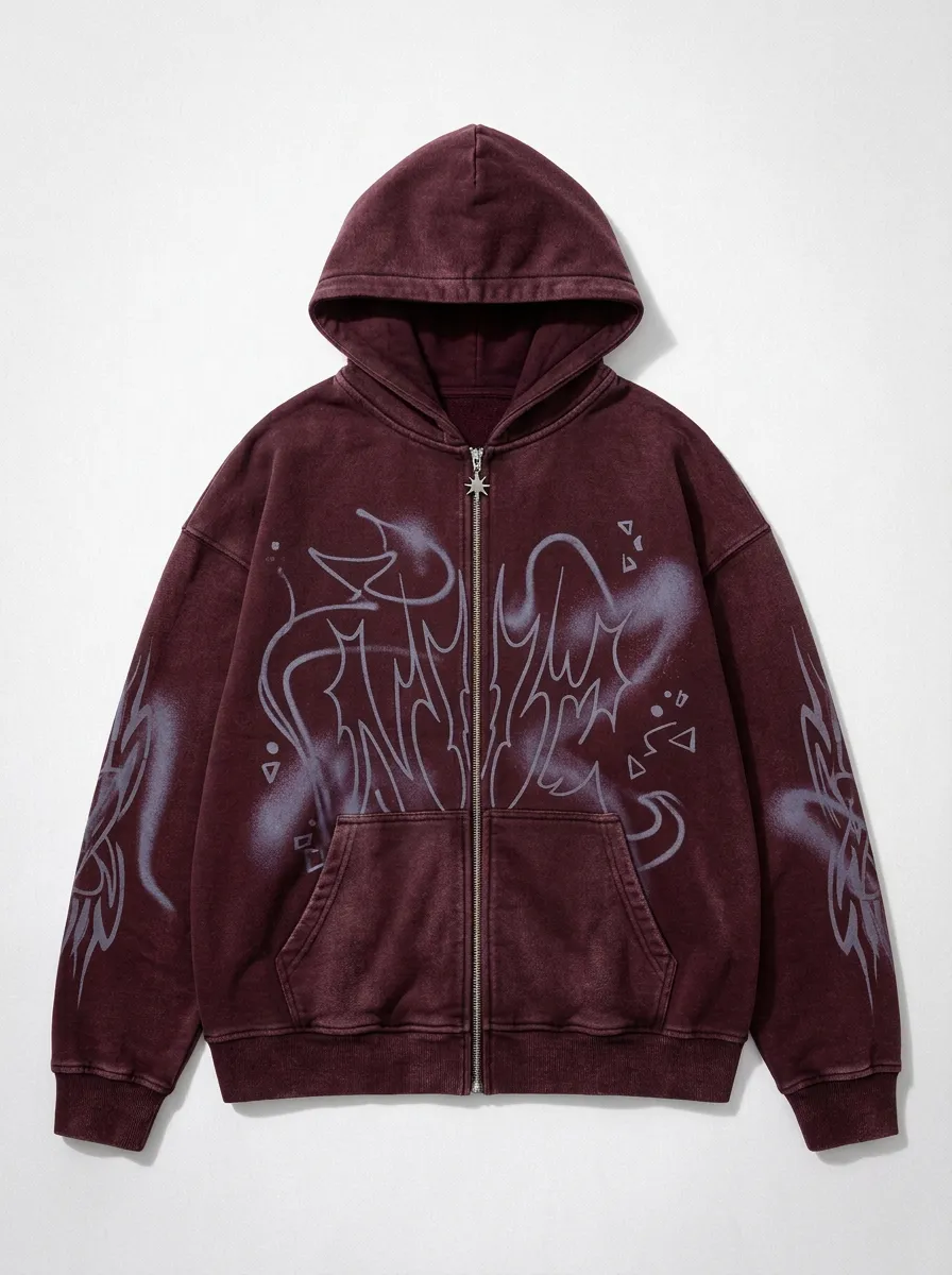 Unisex Streetwear Y2K Graffiti Airbrush Printed Zip-up Hoodie
