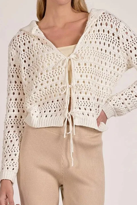 White Open Knit Tie Front Cardigan