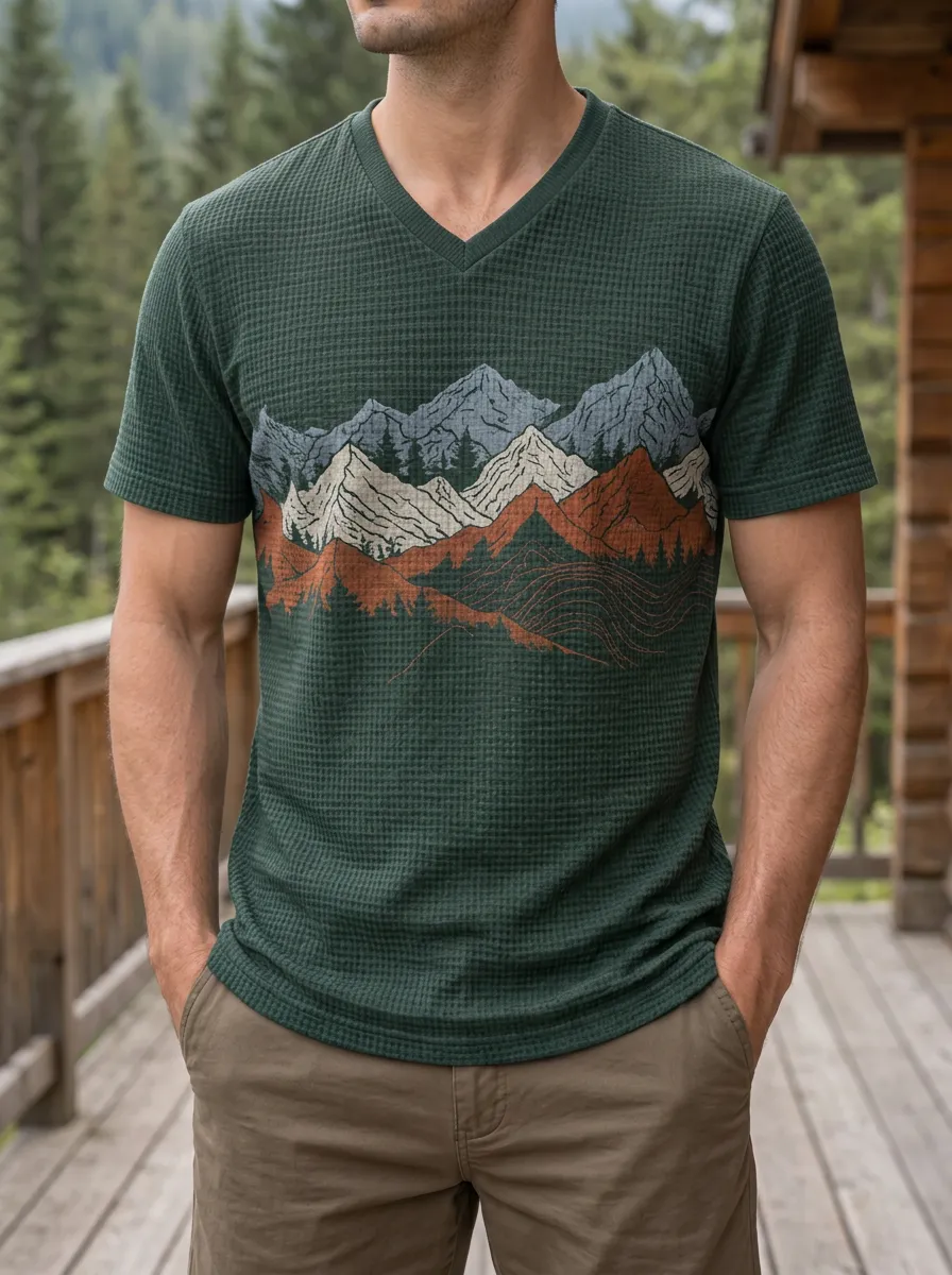 Men's Outdoor Nature Lover Mountain Landscape Printed V-Neck T-Shirt
