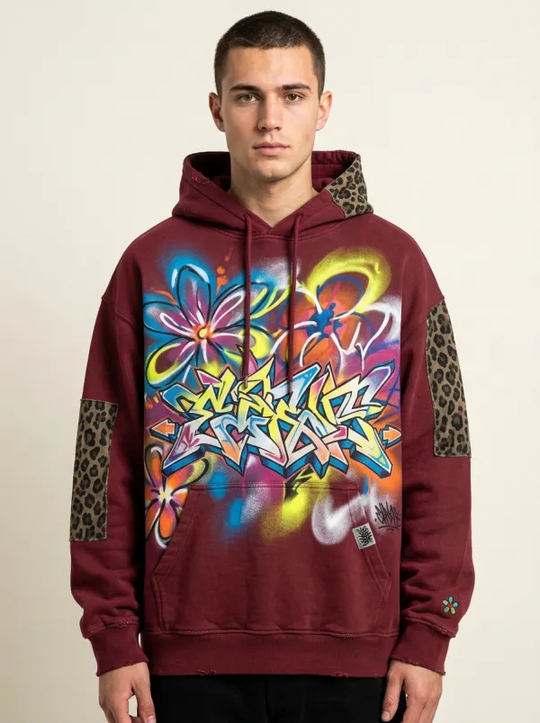 Unisex Graffiti Floral Leopard Patch Graphic Hoodie