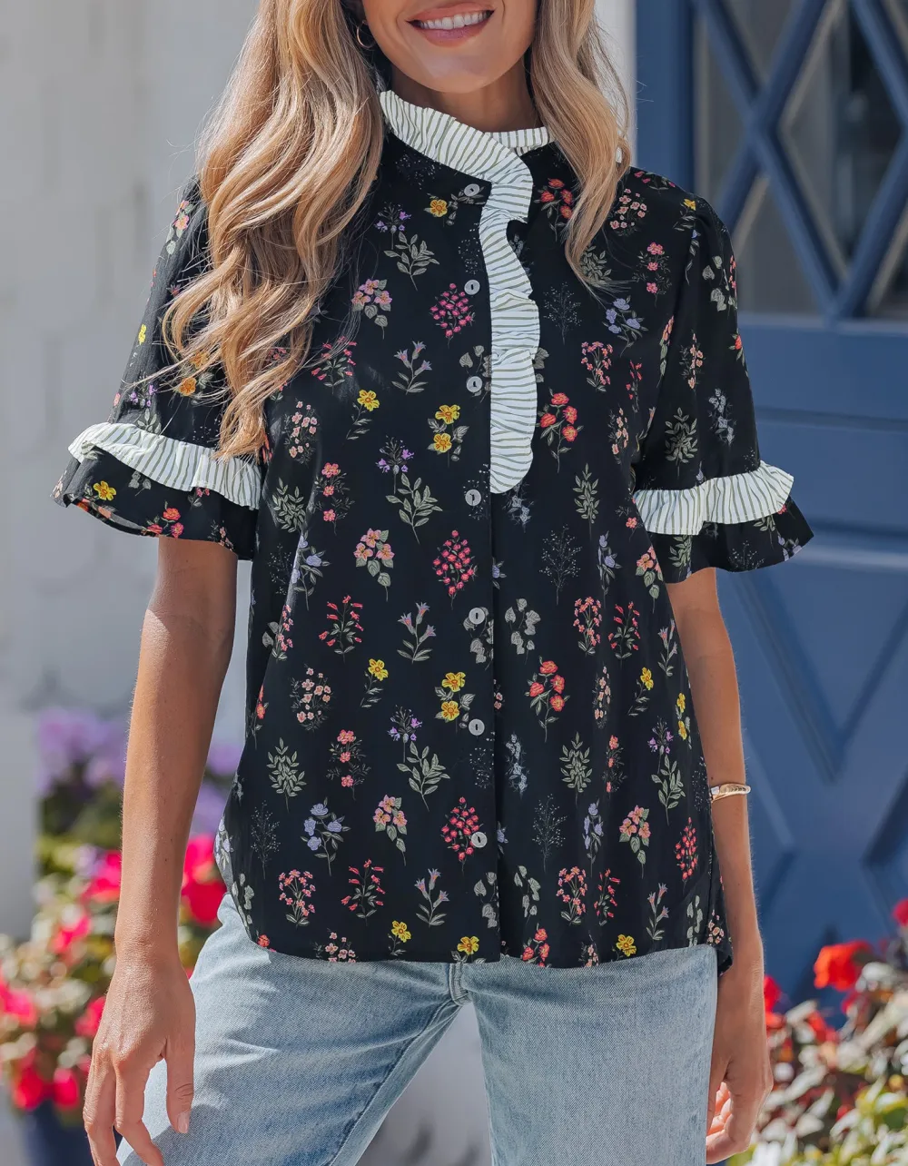 Women's Floral Print Short Sleeve Frilled Top
