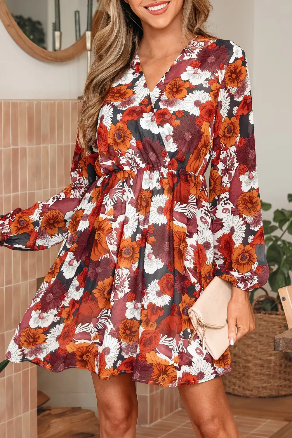 Textured Detail Floral Printed V Neck Mini Dress