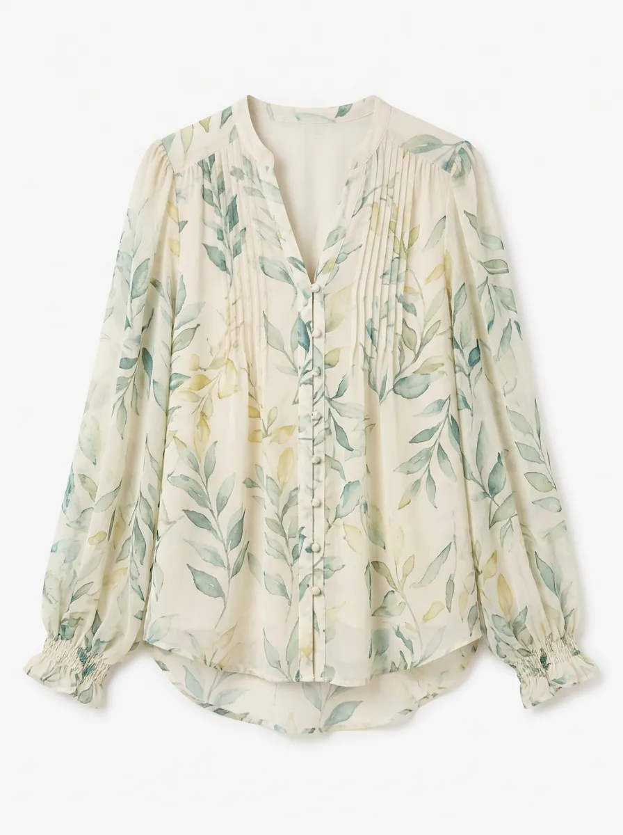 Women's Botanical Leaf Watercolor Printed Pleated Button-up Blouse
