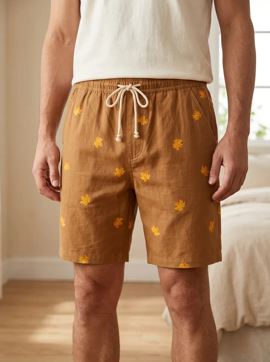 Maple Leaf Print Drawstring Brown Shorts