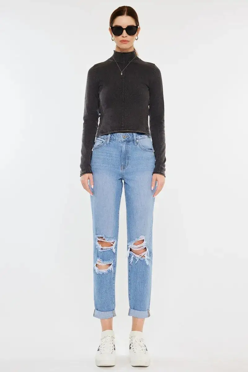 Classic High Waist Distressed Denim Jeans