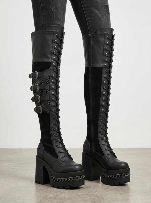 Dark Skull Chain Lace-Up Punk Look Women's Gothic Platform Knee High Boots