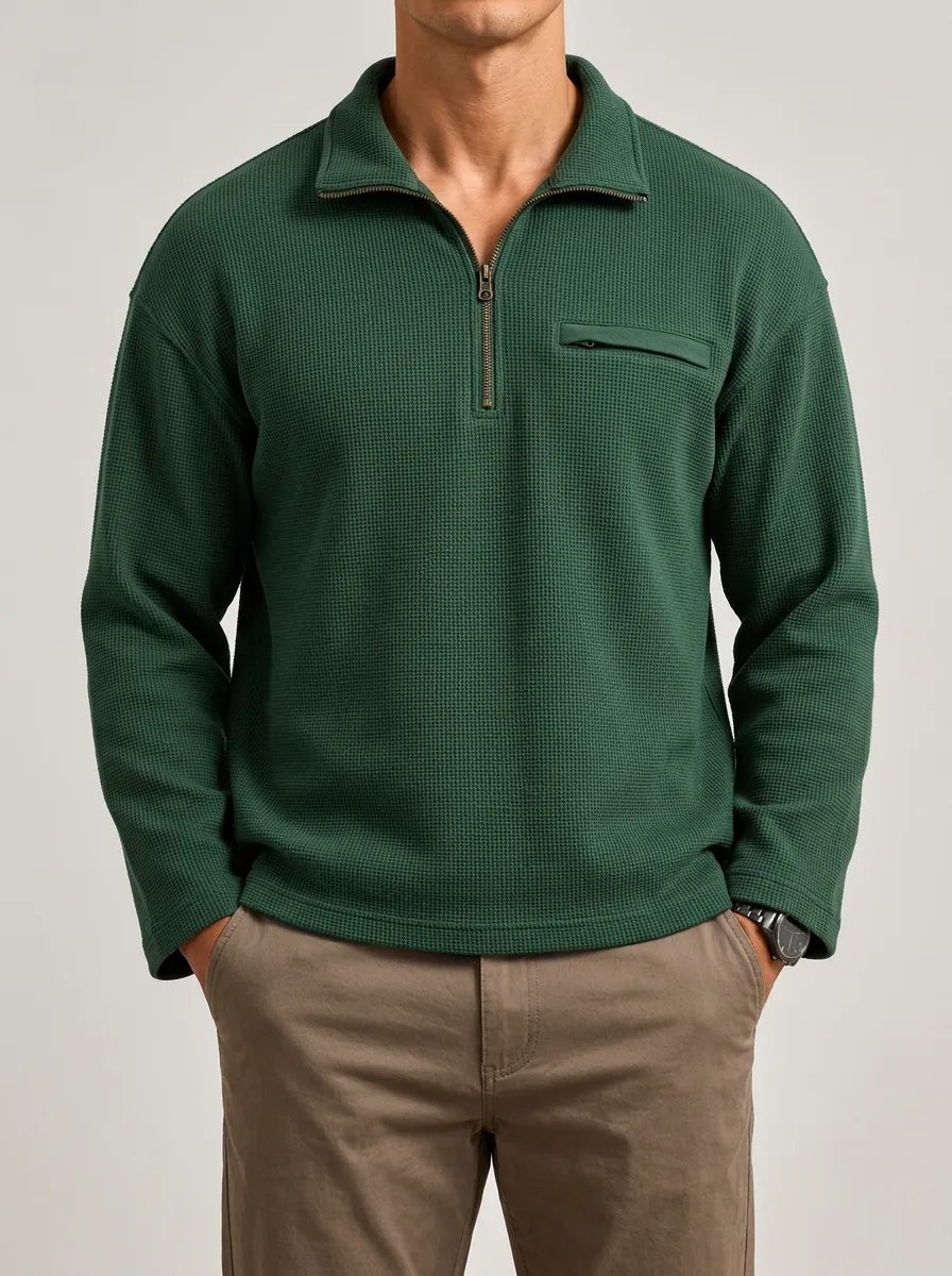 Casual Favorite Waffle Knit Texture Quarter-Zip Pullover