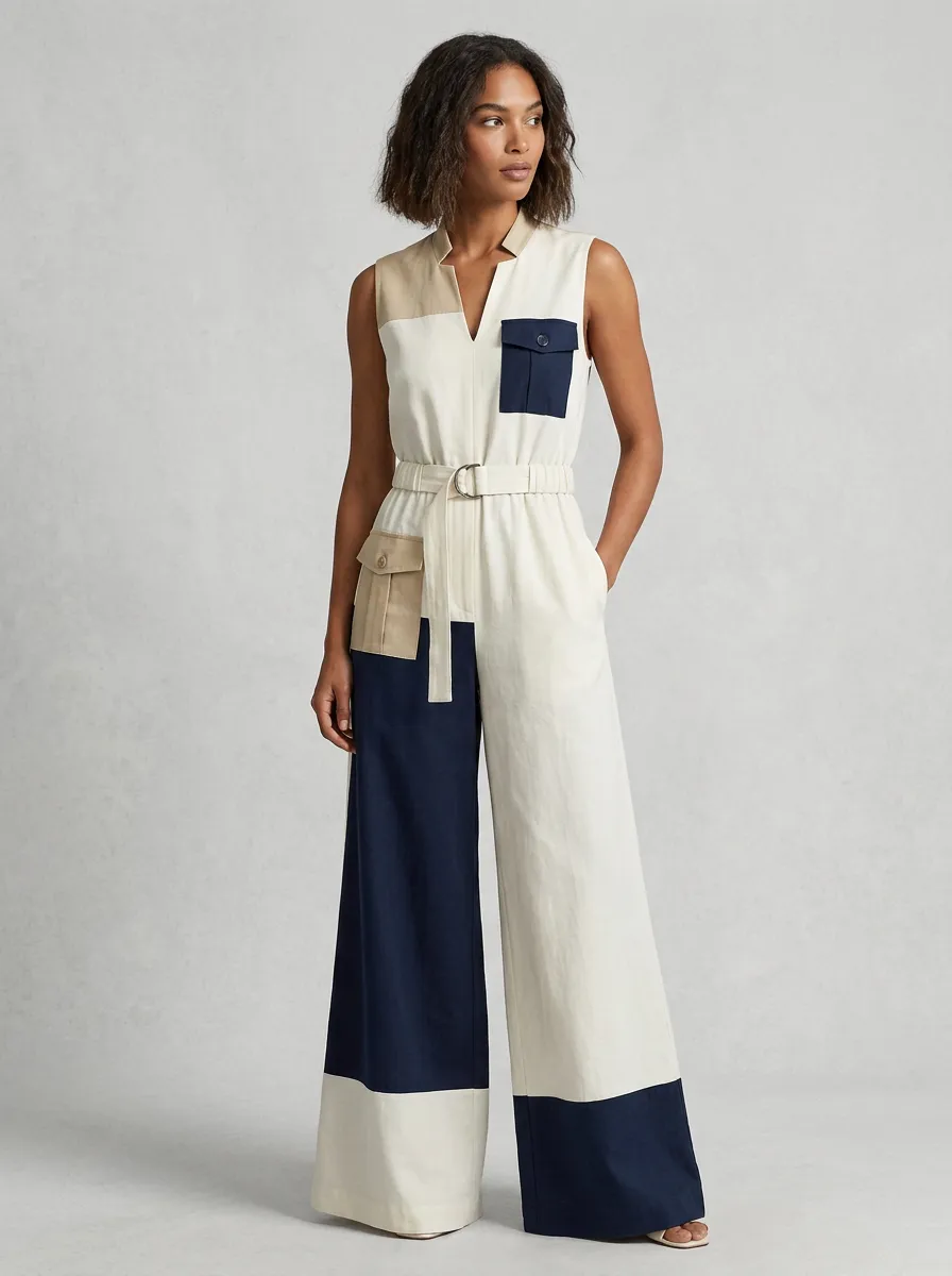 Women's Casual Style Colorblock Utility Pocketed Jumpsuit