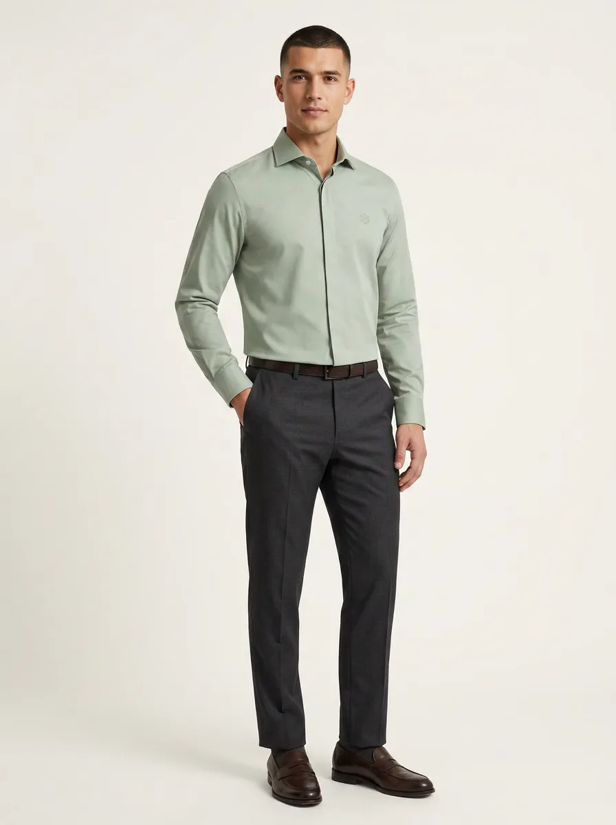 Men's Non-Iron Cotton Sage Green Embroidered Logo Dress Shirt