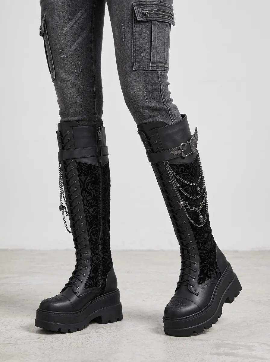 Darkwear Skull Wing Chain Edit Women's Gothic Platform Knee High Boots