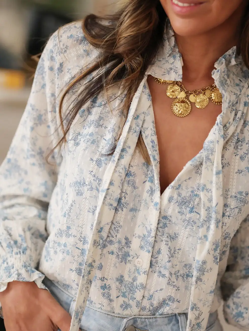 Floral V-Neck Tie Long Sleeve Shirt
