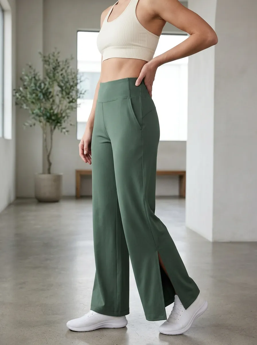 Women's Pocket Relaxed Fitness Wide Leg Side Slit Athletic Pants