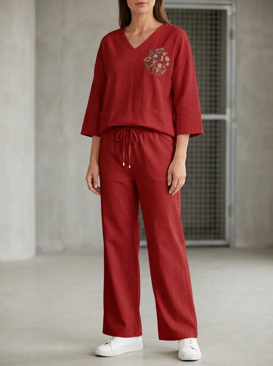 Women's Floral Embroidered Three-Quarter-Sleeve V-Neck Top And Patch-Pocket Wide-Leg Trouser Lounge Set