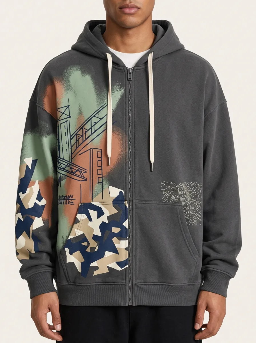Men's Urban Streetwear Camo Graffiti Printed Zip Up Hoodie