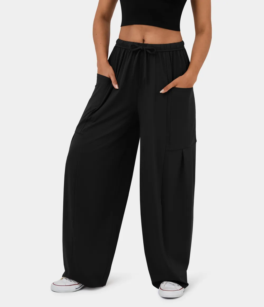 Mid Rise Elastic Waistband Drawstring Side Pocket Palazzo Flowy Wide Leg Casual Pants