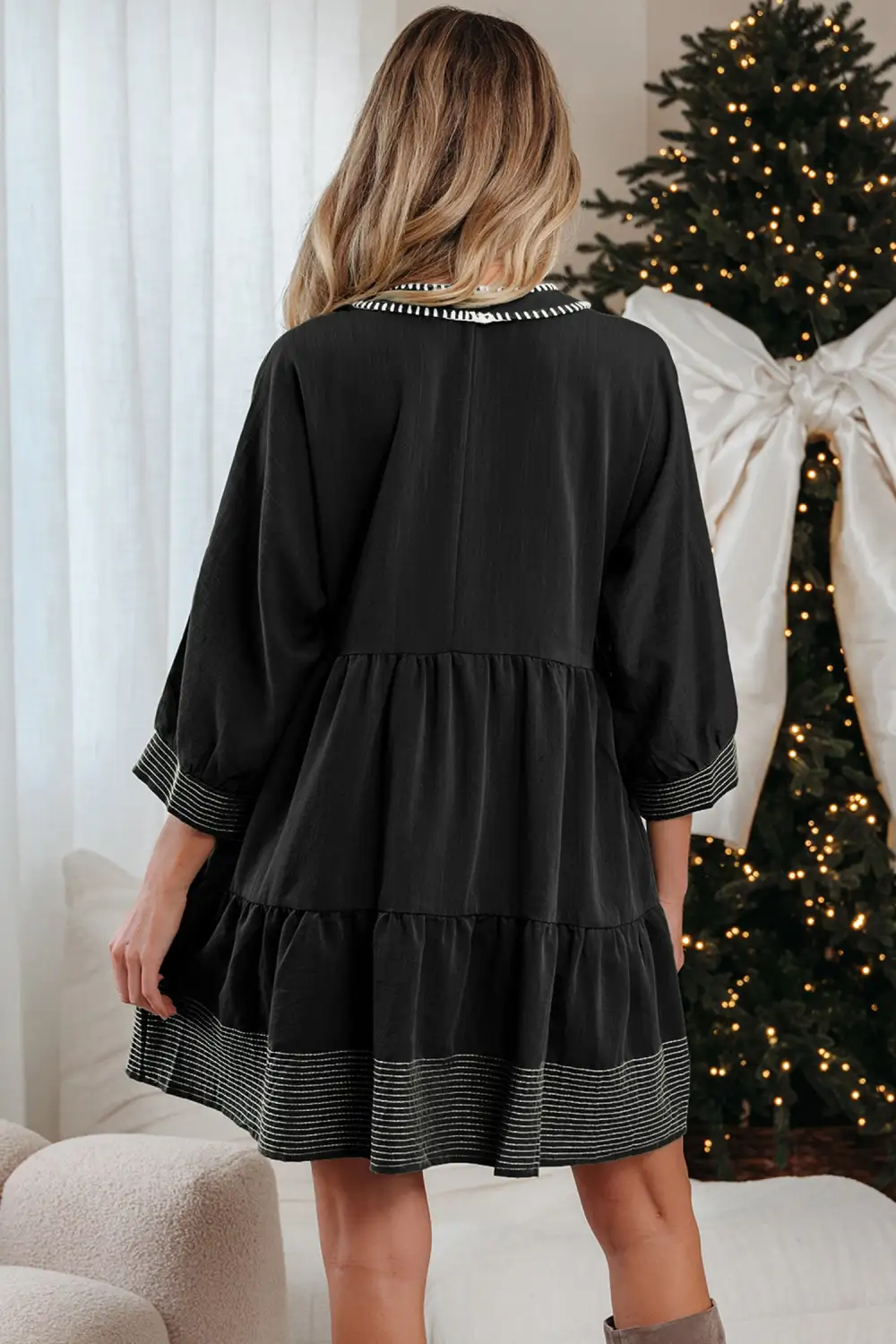 Jungle Contrast Stitched V Neck Three Quarter Sleeve Tiered Mini Dress