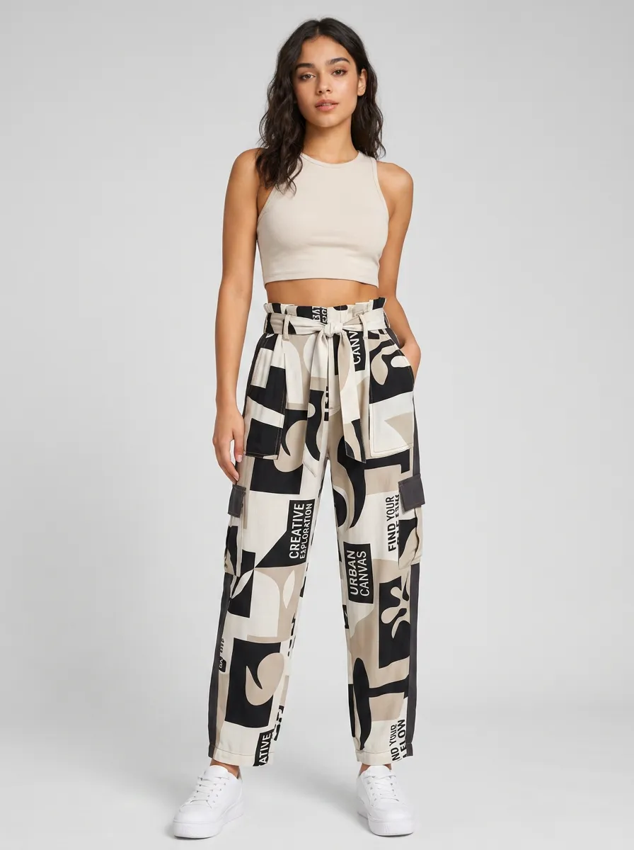 Women's Urban Style Creative Exploration Printed Cargo Pants