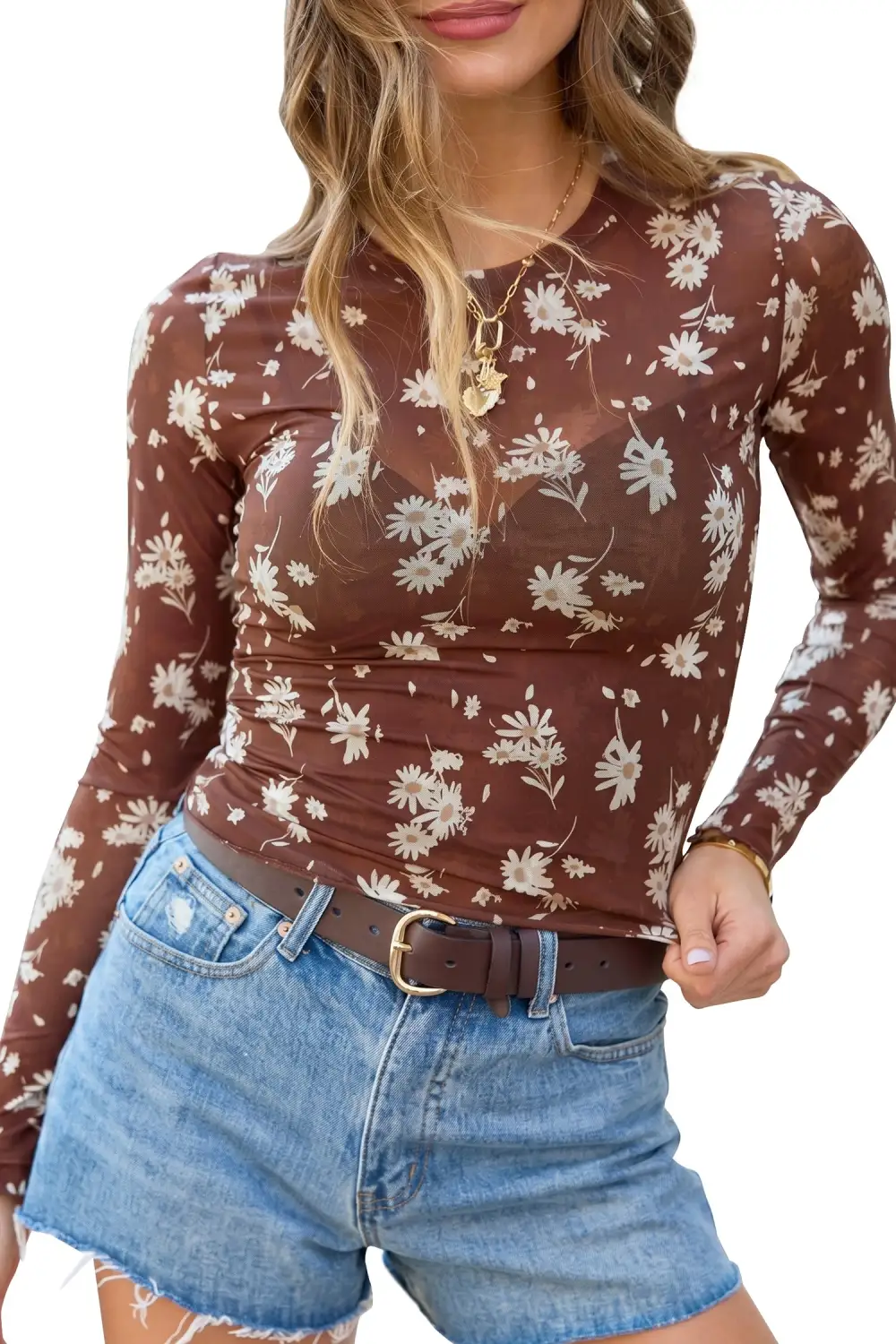 Floral Print Mesh Fitted Stretch Fabric Long Sleeve Top
